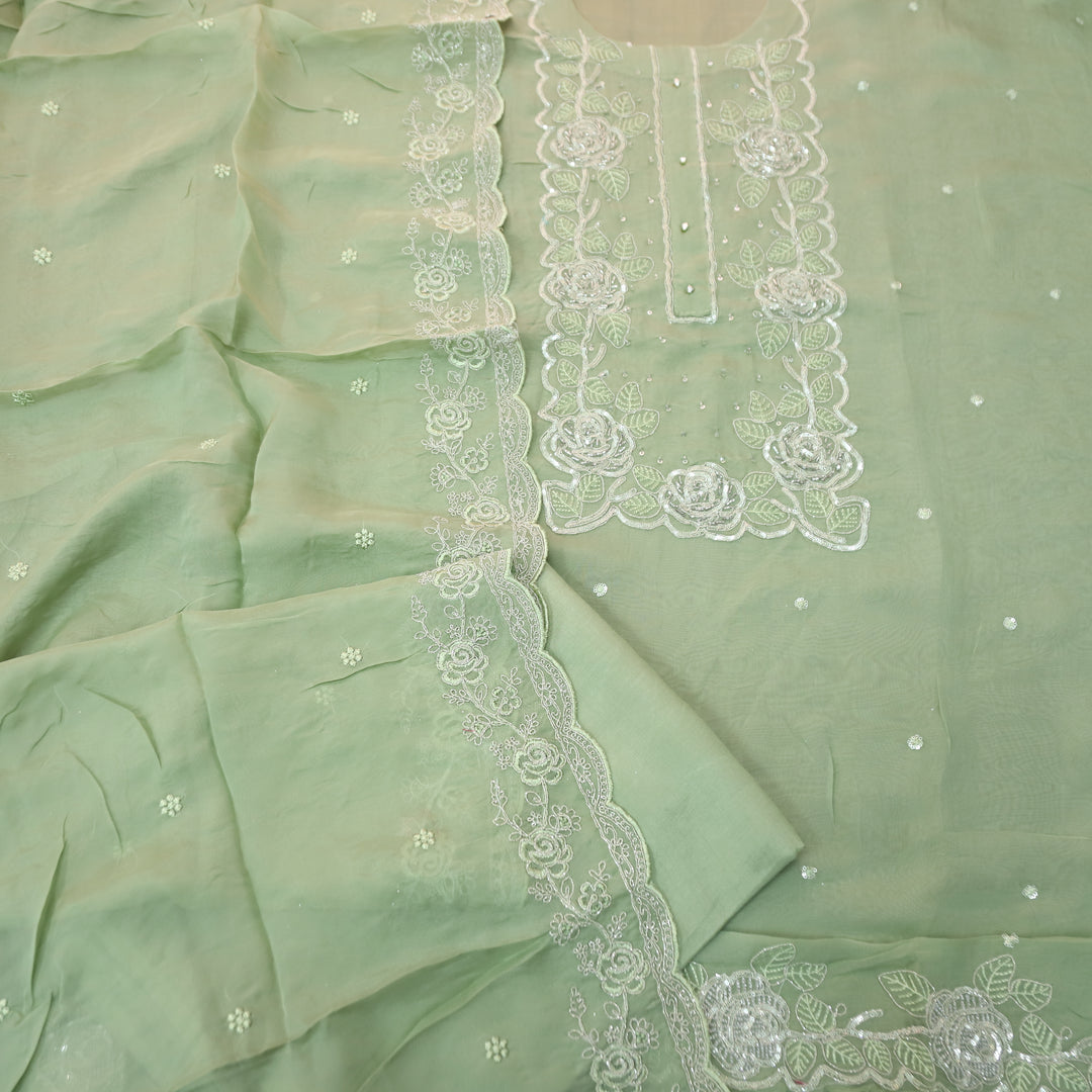Rooh Sage Green Embellished Neckline with Thread Work Organza Suit Set