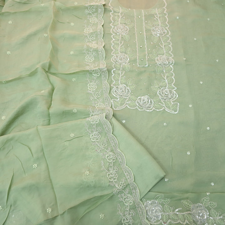 Rooh Sage Green Embellished Neckline with Thread Work Organza Suit Set