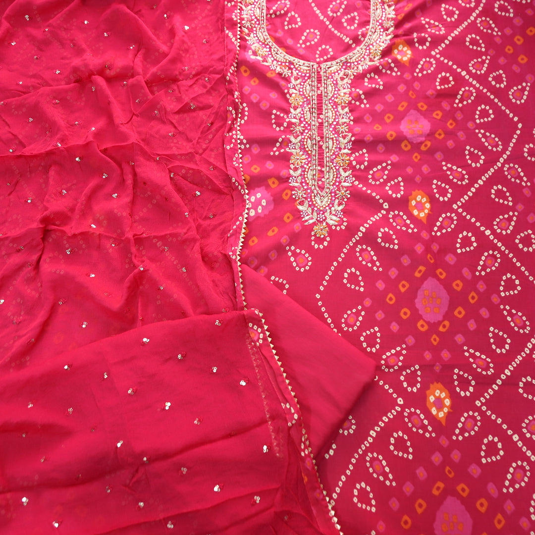 Riwaish Rani Pink  Embellish Neck Work Bandhani Print Cotton Set