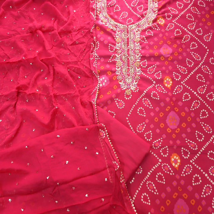 Riwaish Rani Pink  Embellish Neck Work Bandhani Print Cotton Set