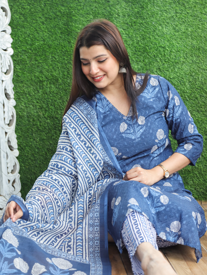 Sushmita Sapphire Blue Dabu Printed Art Chanderi Schiffli 3 Piece Set D1