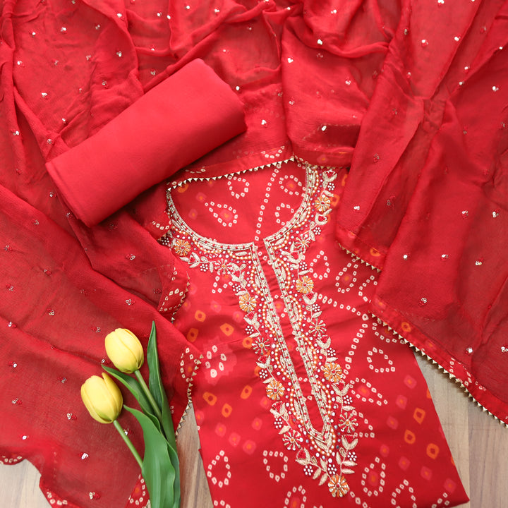 Riwaish Berry Red Embellish Neck Work Bandhani Print Cotton Set