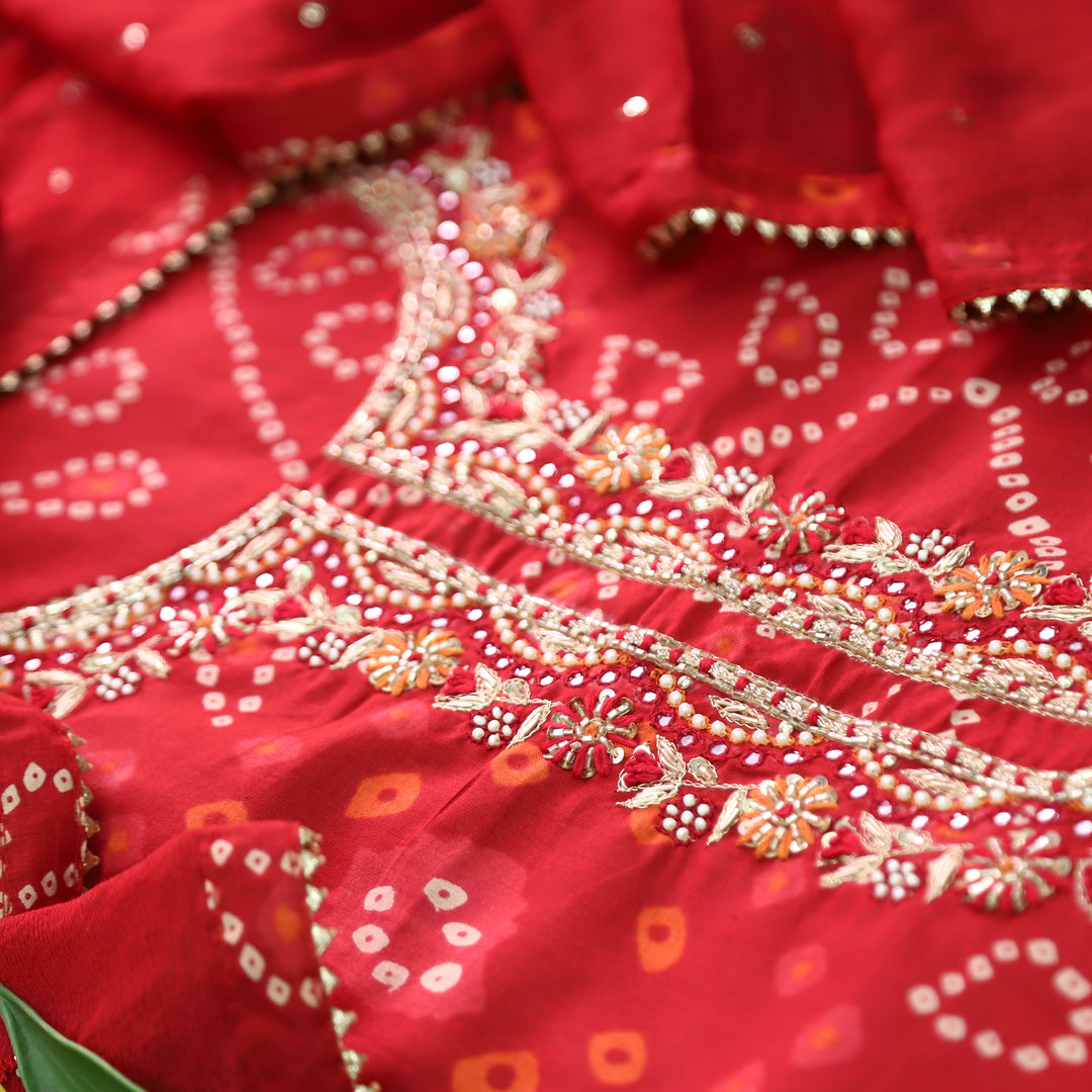 Riwaish Berry Red Embellish Neck Work Bandhani Print Cotton Set