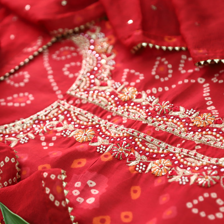 Riwaish Berry Red Embellish Neck Work Bandhani Print Cotton Set