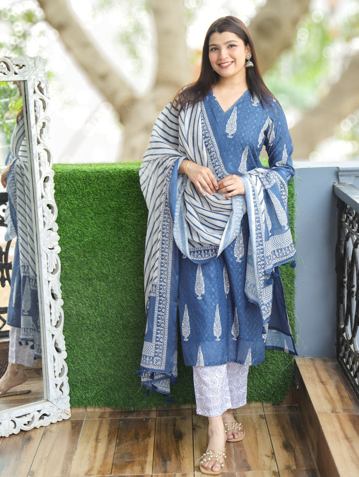 Sushmita Sapphire Blue Dabu Printed Art Chanderi Schiffli 3 Piece Set D3