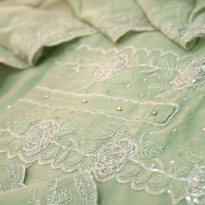 Rooh Sage Green Embellished Neckline with Thread Work Organza Suit Set