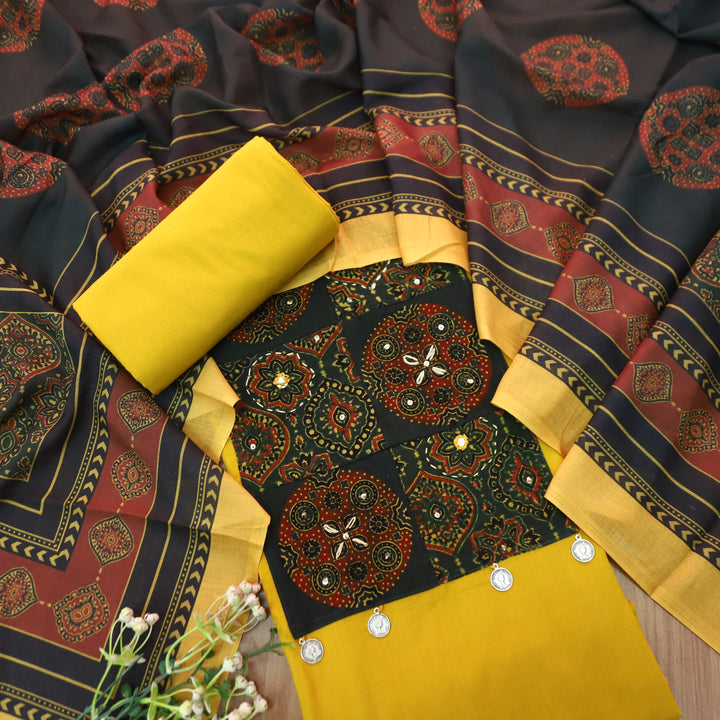 Noor Bright Yellow Ajrak Printed Yoke with Thread Work Cotton Suit Set