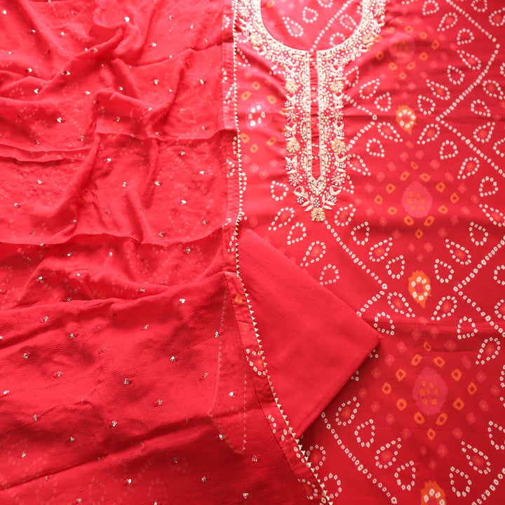 Riwaish Berry Red Embellish Neck Work Bandhani Print Cotton Set