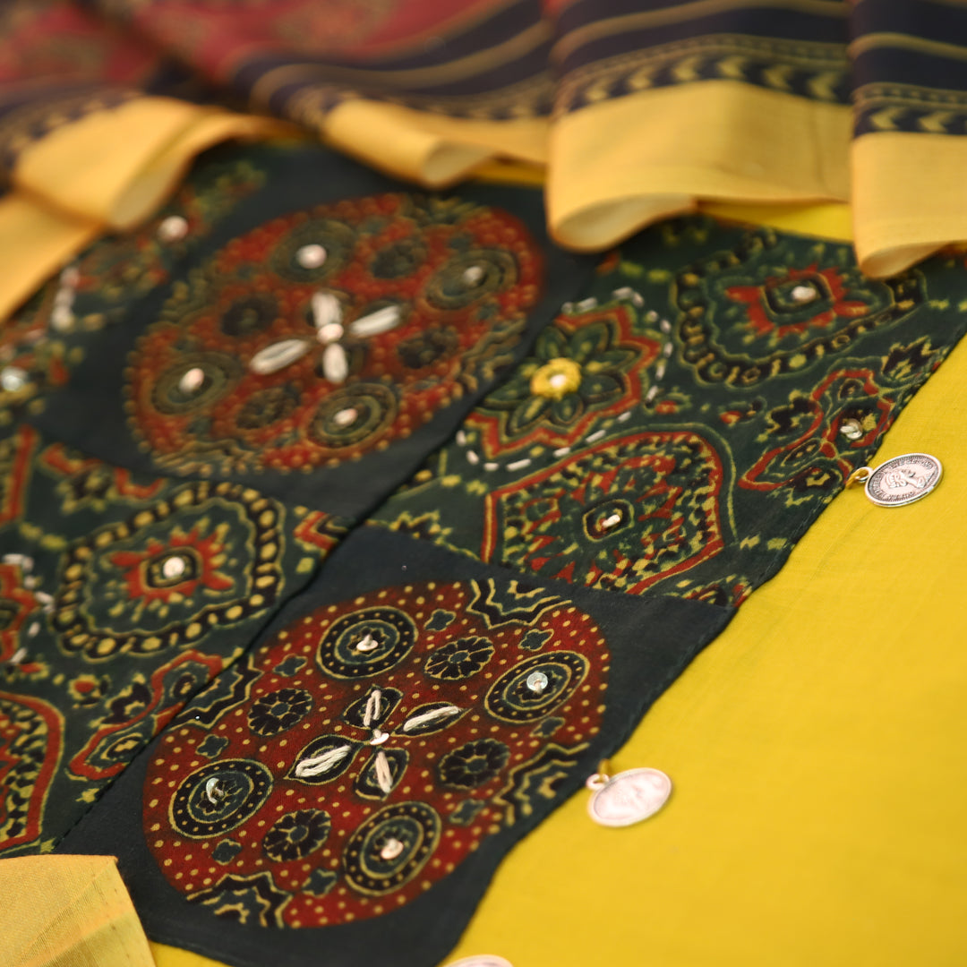 Noor Bright Yellow Ajrak Printed Yoke with Thread Work Cotton Suit Set