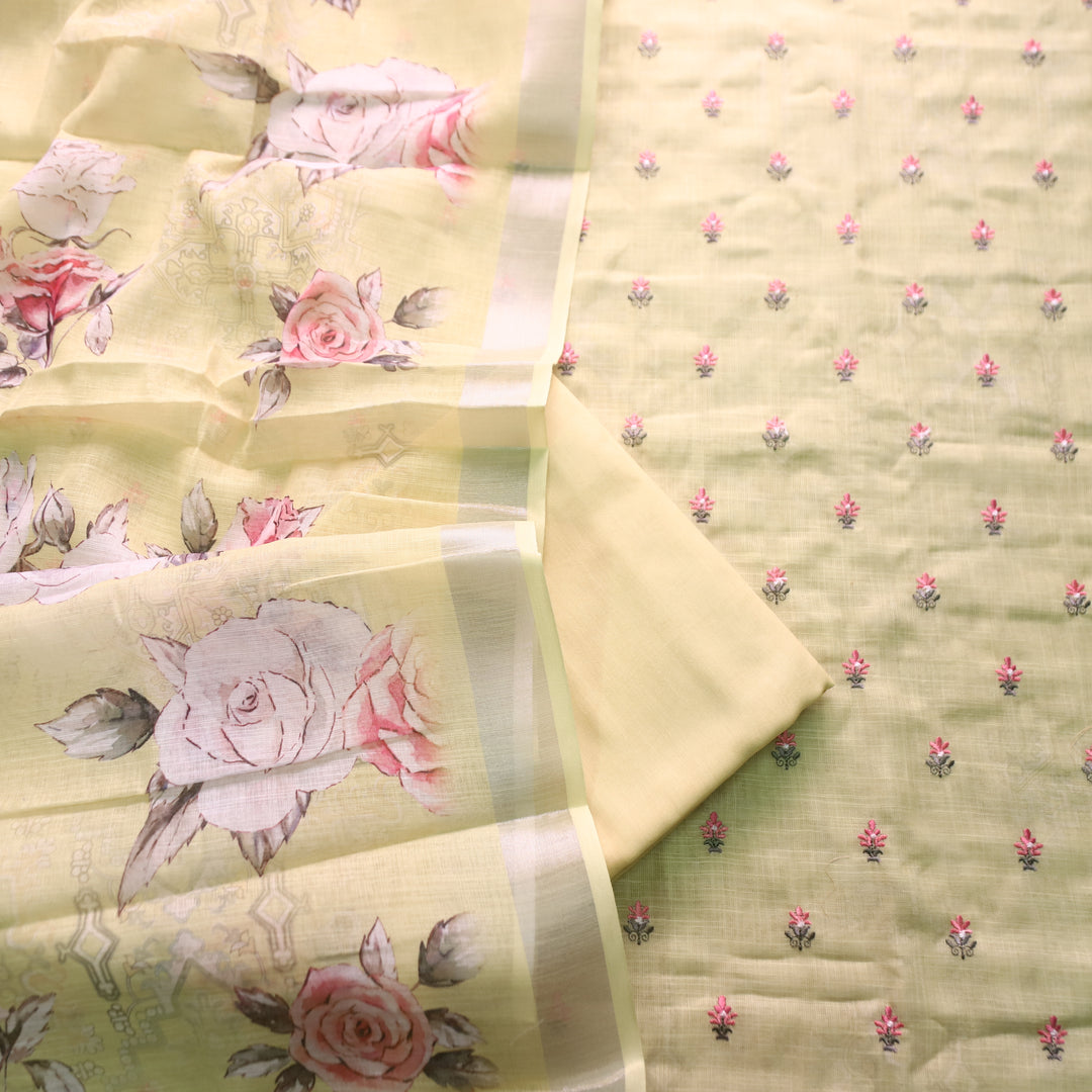 Chandni Butter Yellow Thread Floral Buti Work Cotton Linen Suit Set
