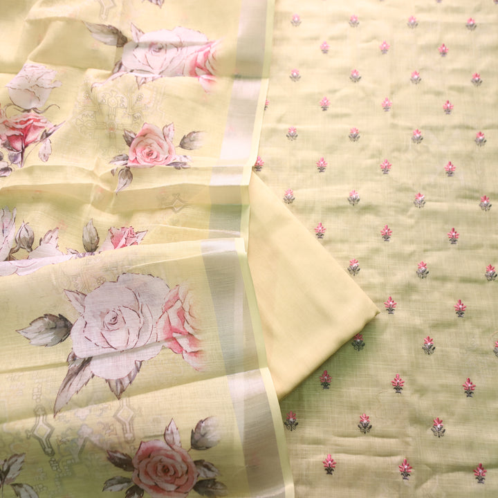 Chandni Butter Yellow Thread Floral Buti Work Cotton Linen Suit Set