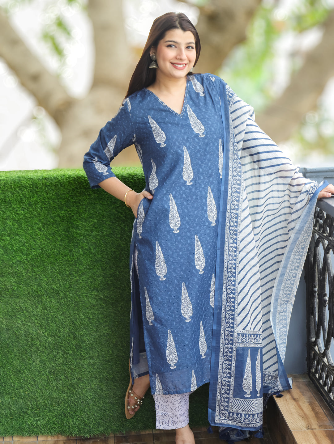 Sushmita Sapphire Blue Dabu Printed Art Chanderi Schiffli 3 Piece Set D3