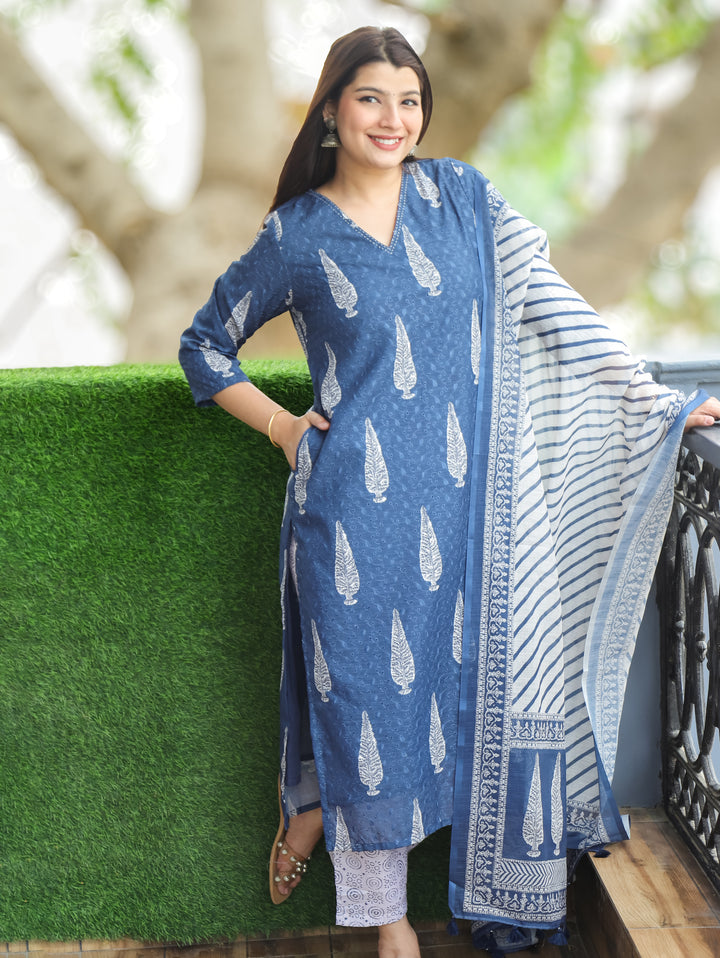 Sushmita Sapphire Blue Dabu Printed Art Chanderi Schiffli 3 Piece Set D3