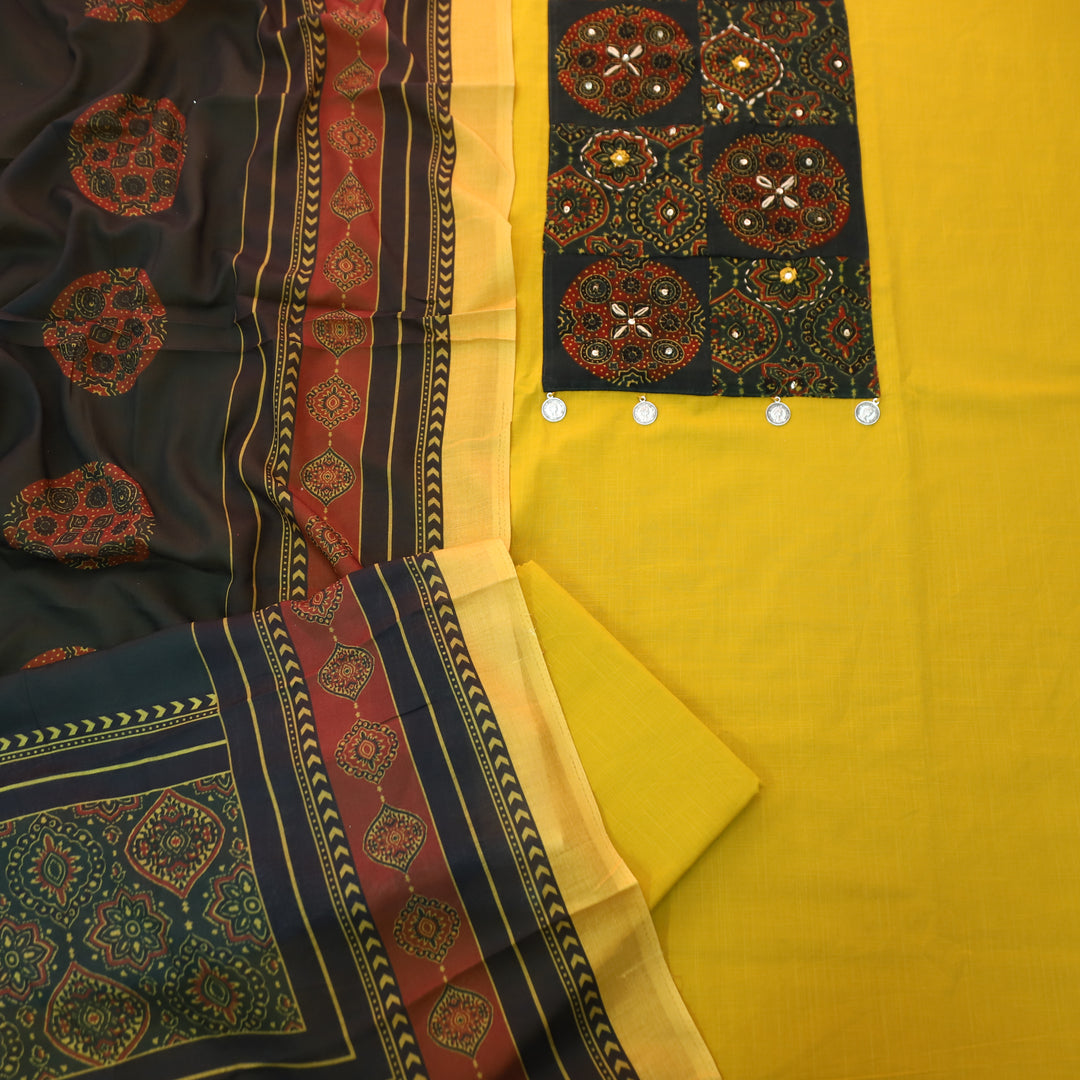 Noor Bright Yellow Ajrak Printed Yoke with Thread Work Cotton Suit Set