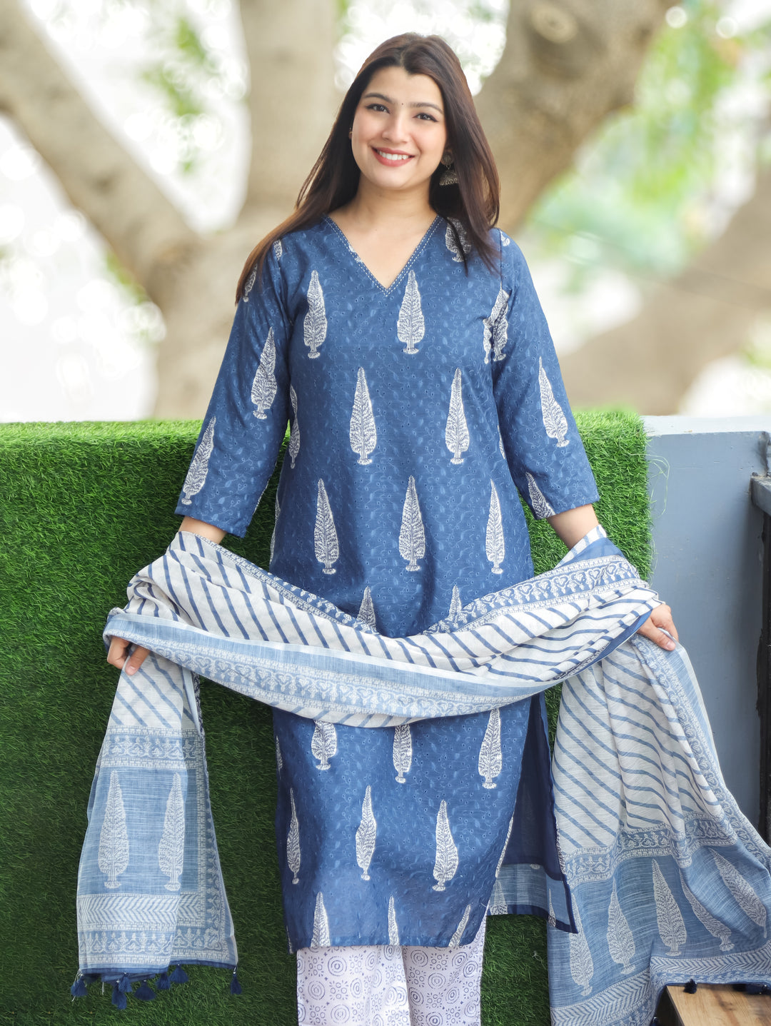 Sushmita Sapphire Blue Dabu Printed Art Chanderi Schiffli 3 Piece Set D3