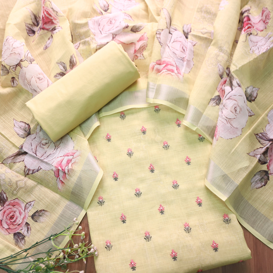 Chandni Butter Yellow Thread Floral Buti Work Cotton Linen Suit Set