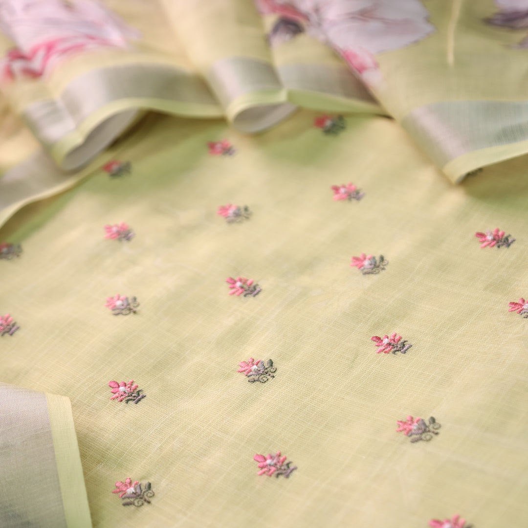 Chandni Butter Yellow Thread Floral Buti Work Cotton Linen Suit Set