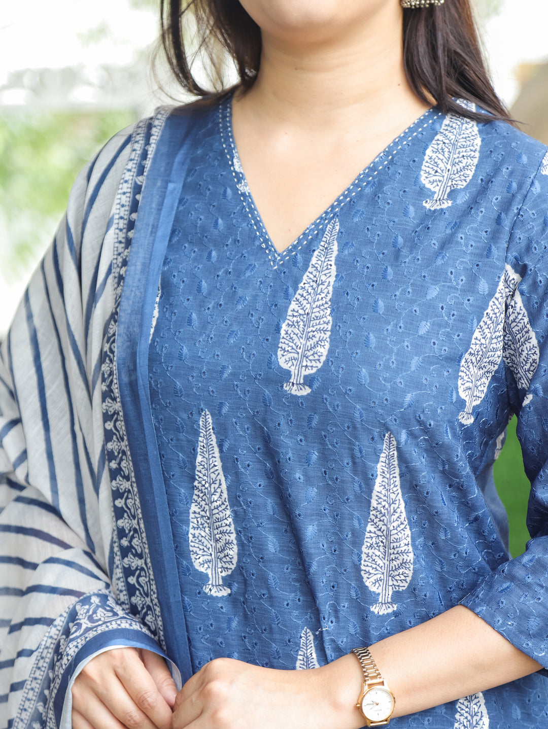 Sushmita Sapphire Blue Dabu Printed Art Chanderi Schiffli 3 Piece Set D3