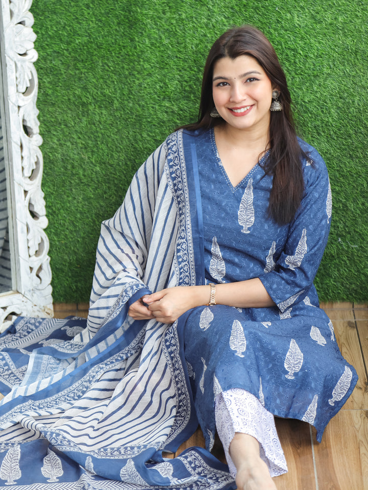 Sushmita Sapphire Blue Dabu Printed Art Chanderi Schiffli 3 Piece Set D3