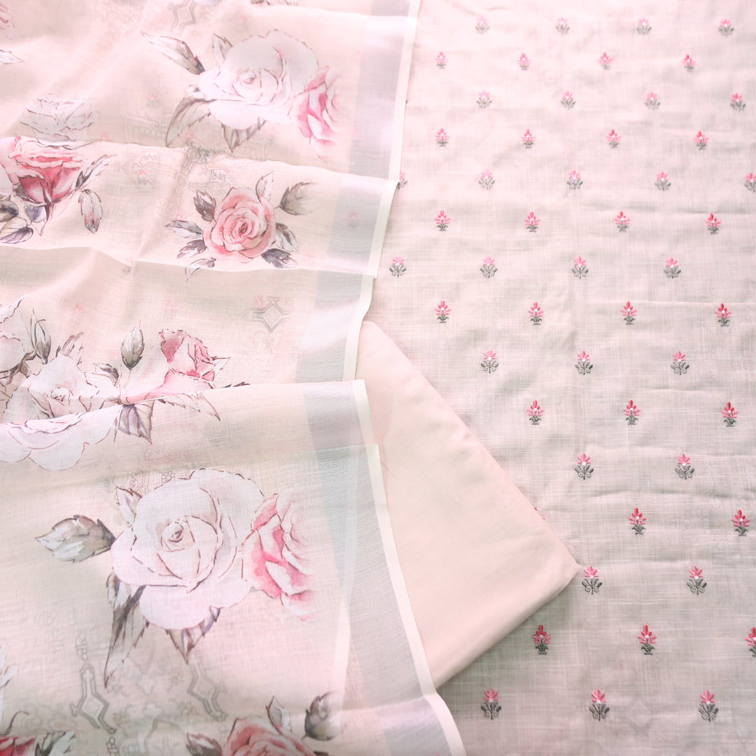 Chandni Shell Beige Thread Floral Buti Work Cotton Linen Suit Set