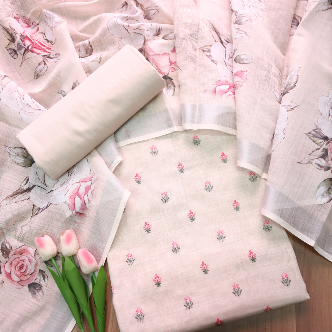 Chandni Shell Beige Thread Floral Buti Work Cotton Linen Suit Set