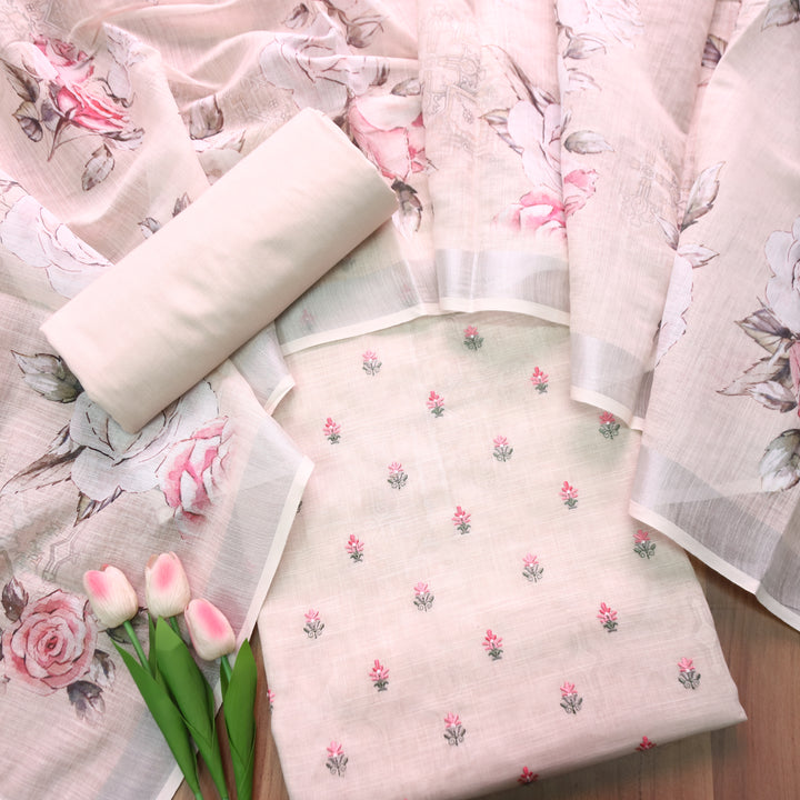 Chandni Shell Beige Thread Floral Buti Work Cotton Linen Suit Set