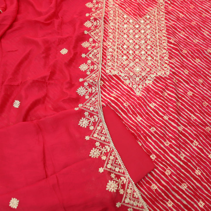 Maharani Rani Pink Embsllished Neck with Mirror Work Leheriya Print Modal Set