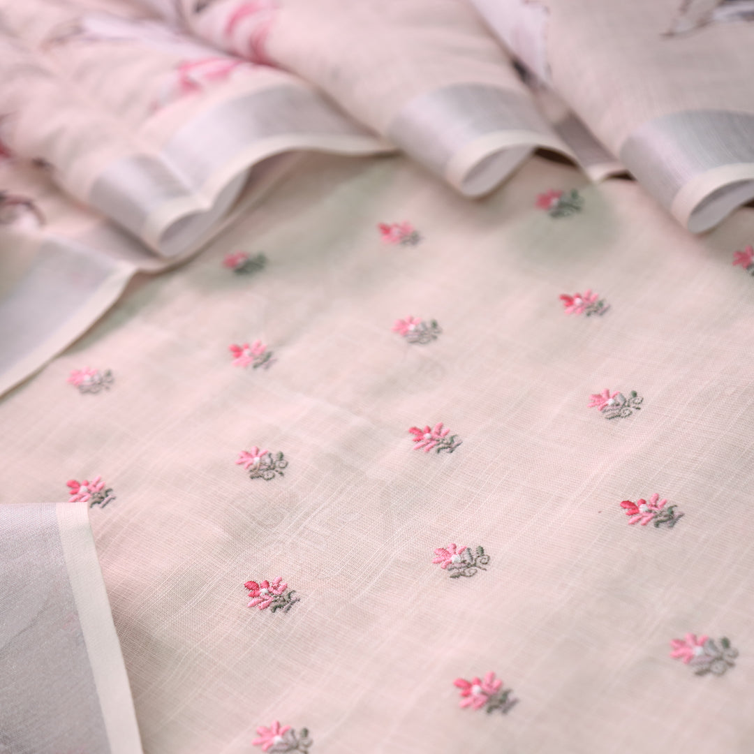 Chandni Shell Beige Thread Floral Buti Work Cotton Linen Suit Set