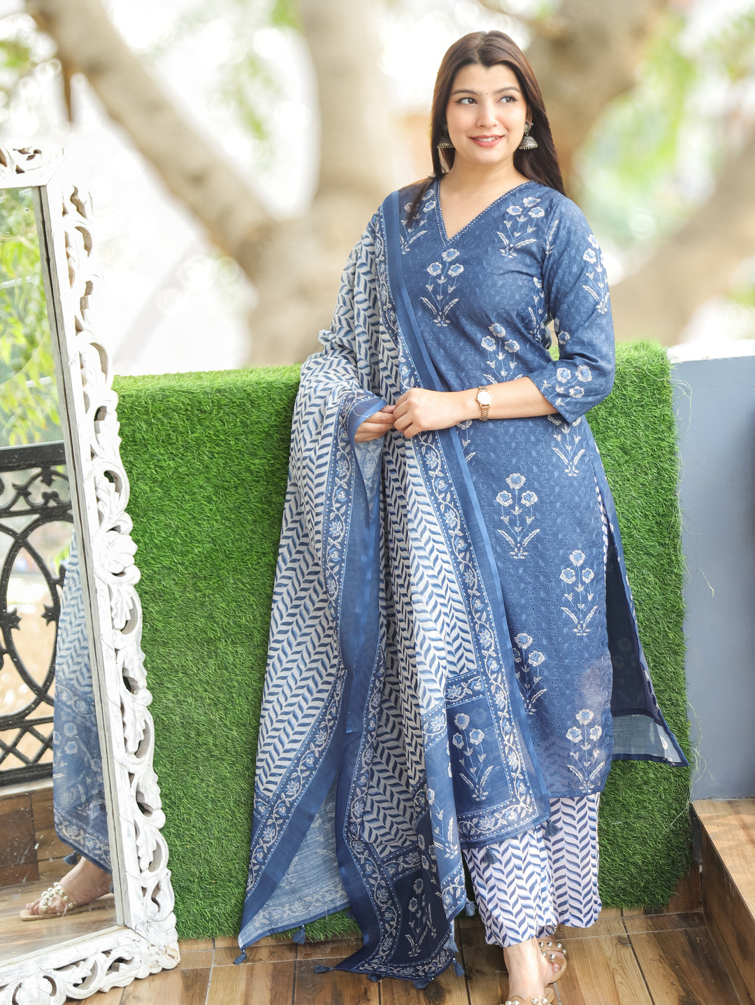 Sushmita Sapphire Blue Dabu Printed Art Chanderi Schiffli 3 Piece Set D2
