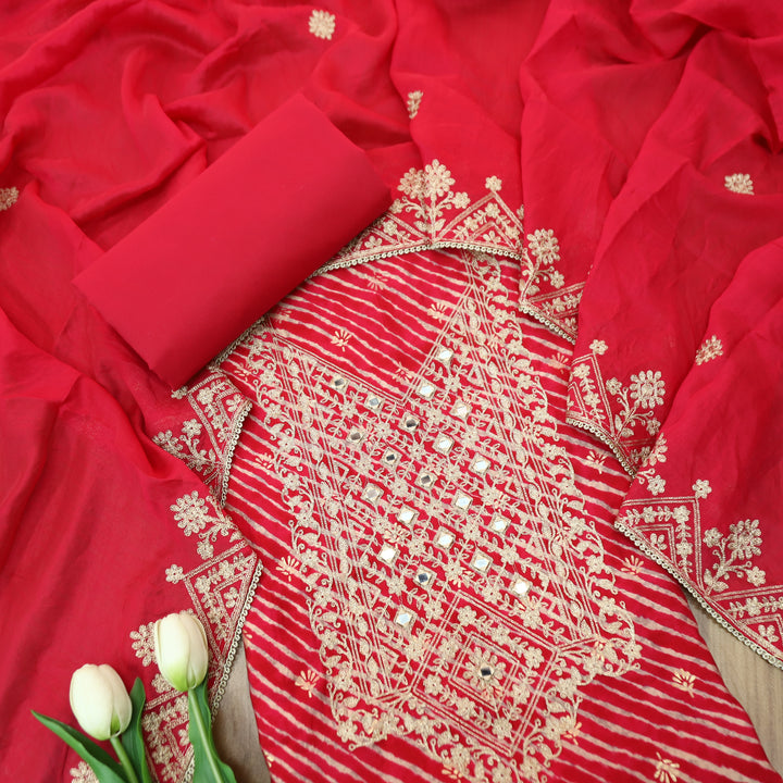 Maharani Rani Pink Embsllished Neck with Mirror Work Leheriya Print Modal Set