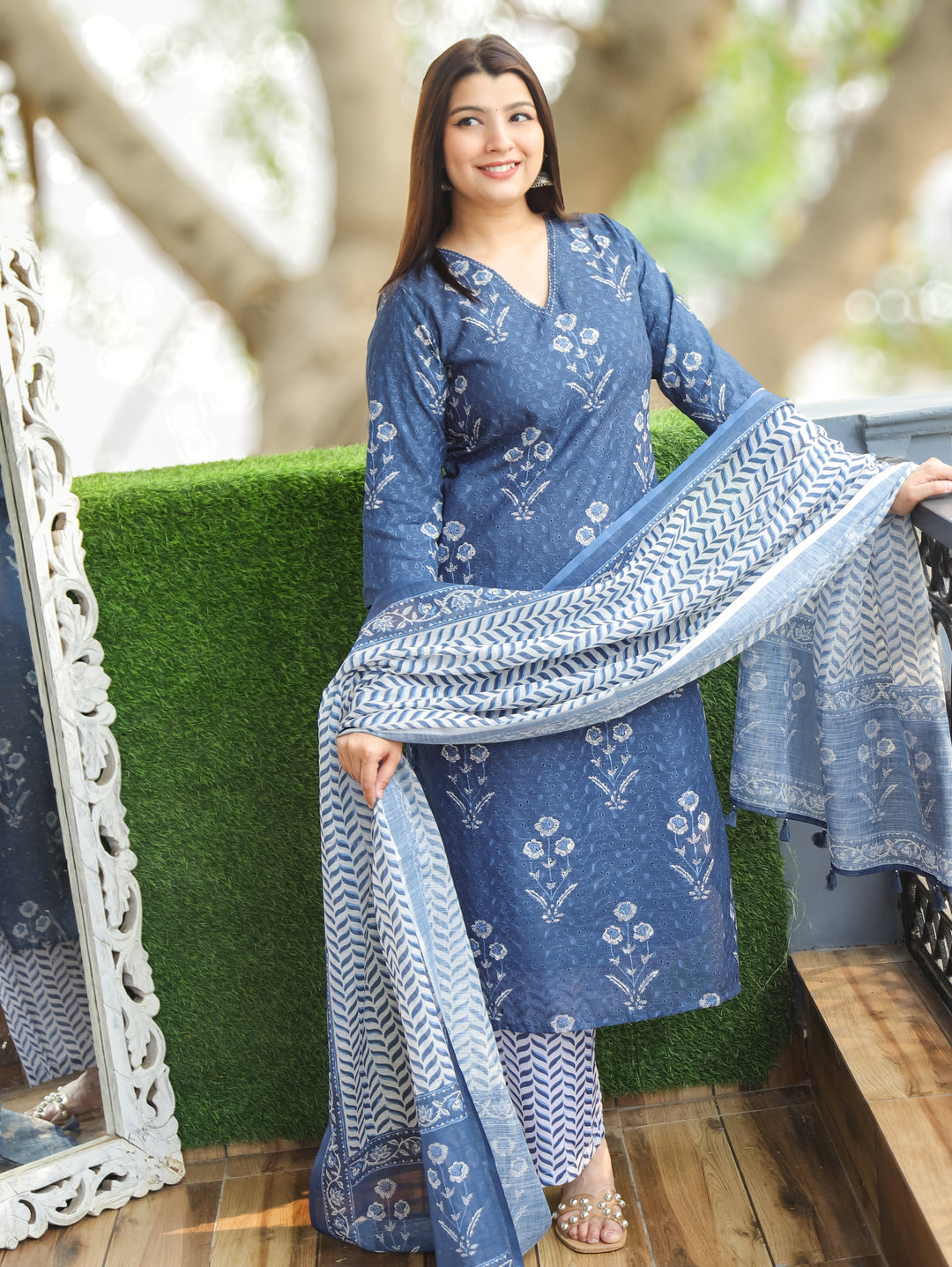 Sushmita Sapphire Blue Dabu Printed Art Chanderi Schiffli 3 Piece Set D2