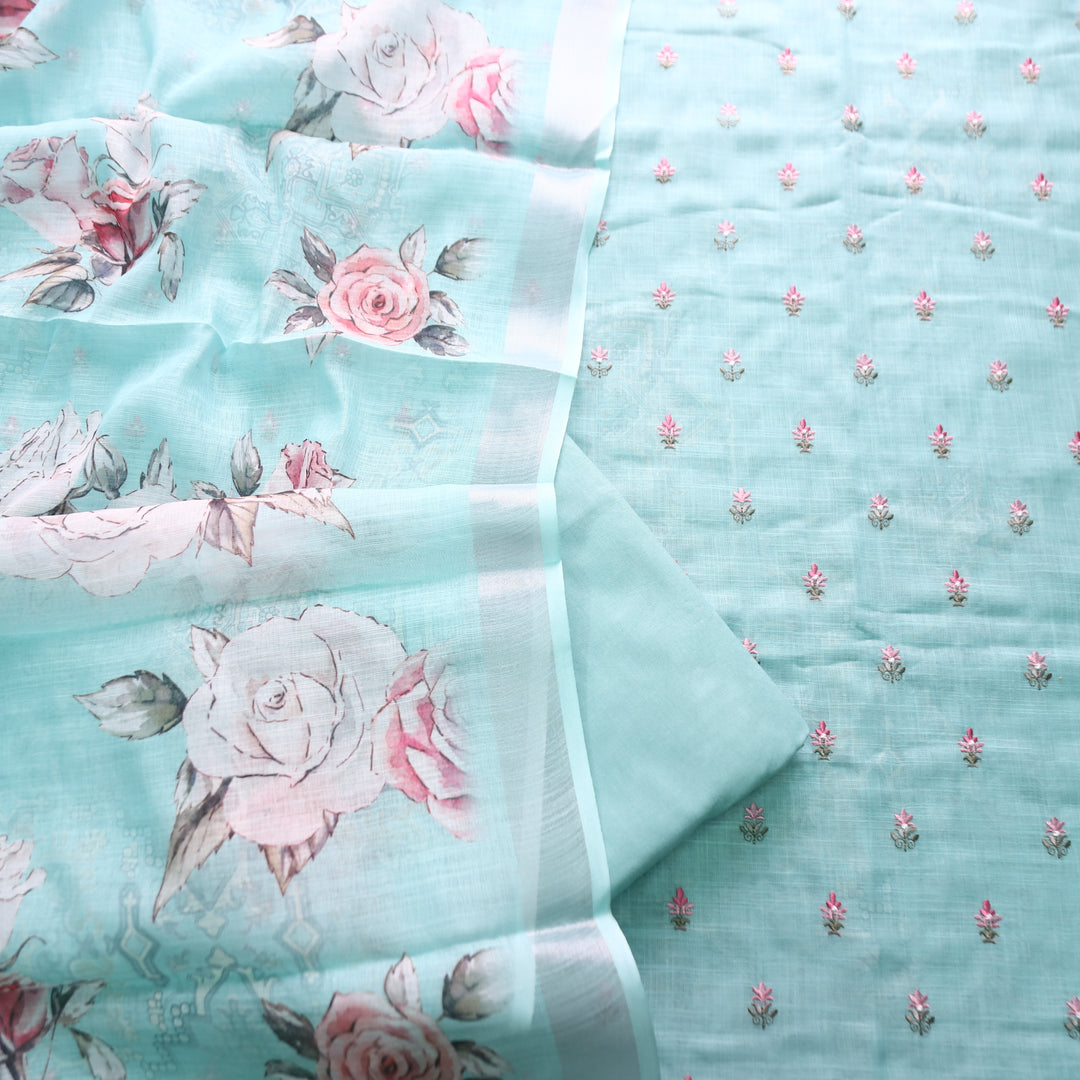 Chandni Sea Form Thread Floral Buti Work Cotton Linen Suit Set