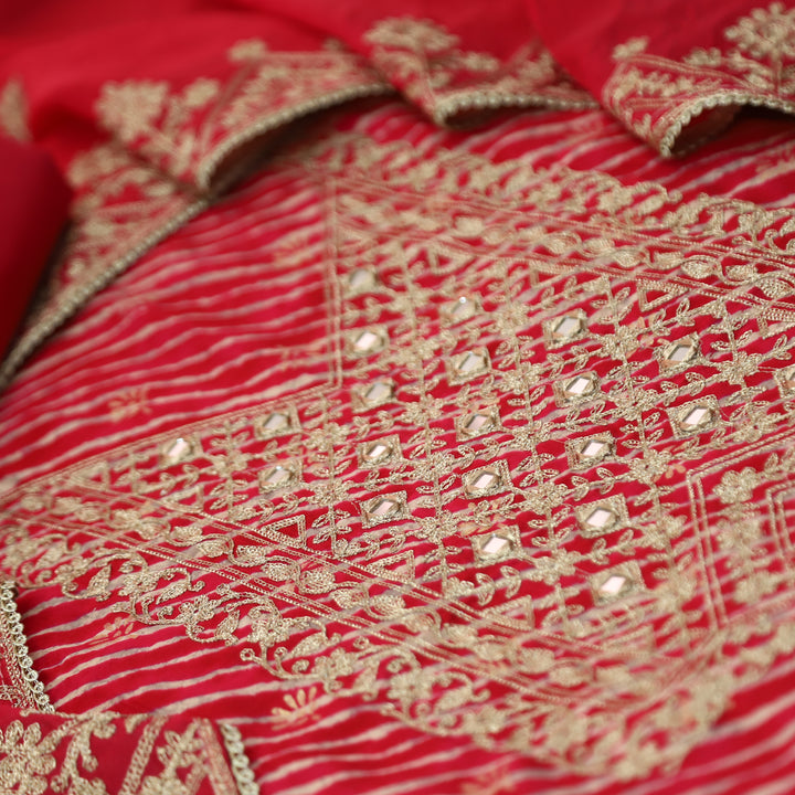 Maharani Rani Pink Embsllished Neck with Mirror Work Leheriya Print Modal Set
