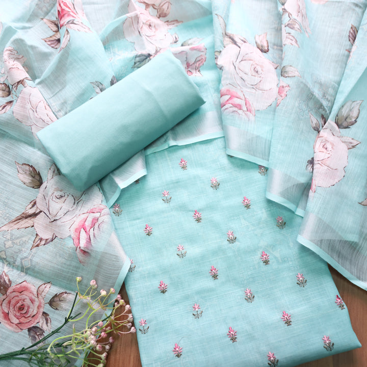Chandni Sea Form Thread Floral Buti Work Cotton Linen Suit Set