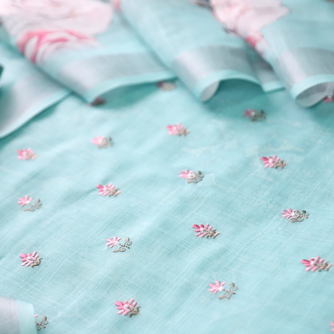 Chandni Sea Form Thread Floral Buti Work Cotton Linen Suit Set