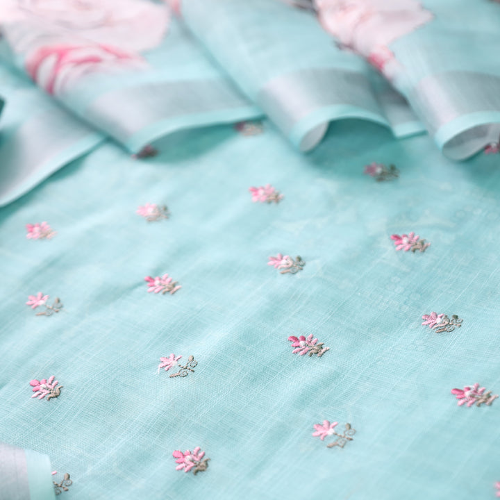 Chandni Sea Form Thread Floral Buti Work Cotton Linen Suit Set