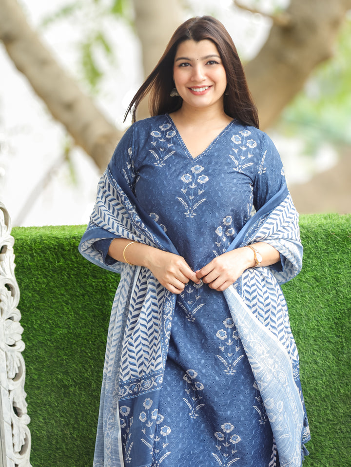 Sushmita Sapphire Blue Dabu Printed Art Chanderi Schiffli 3 Piece Set D2