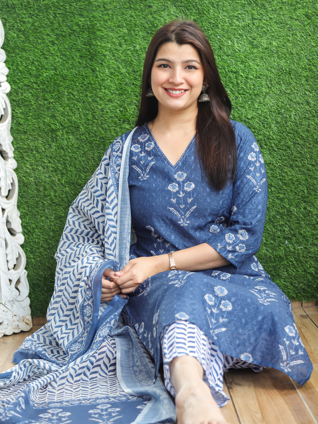 Sushmita Sapphire Blue Dabu Printed Art Chanderi Schiffli 3 Piece Set D2