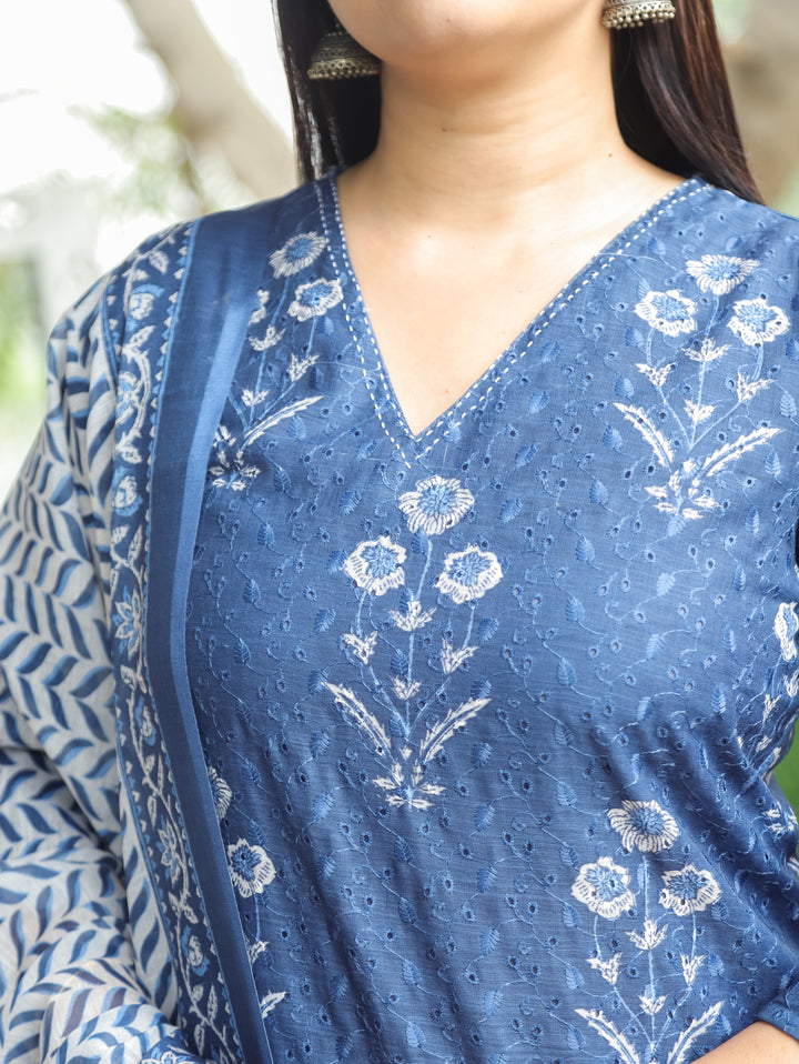 Sushmita Sapphire Blue Dabu Printed Art Chanderi Schiffli 3 Piece Set D2