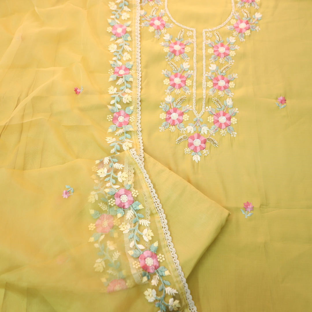 Rabbta Butter Yellow Thread Embroidered Neck with Kardana Work Modal Suit Set