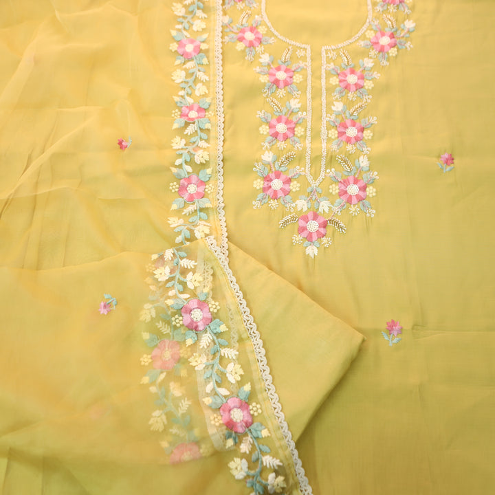 Rabbta Butter Yellow Thread Embroidered Neck with Kardana Work Modal Suit Set