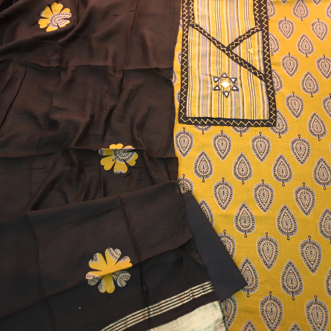 Falguni Dijon Yellow Angrakha Neck with Mirror Work Ajrakh Cotton Set