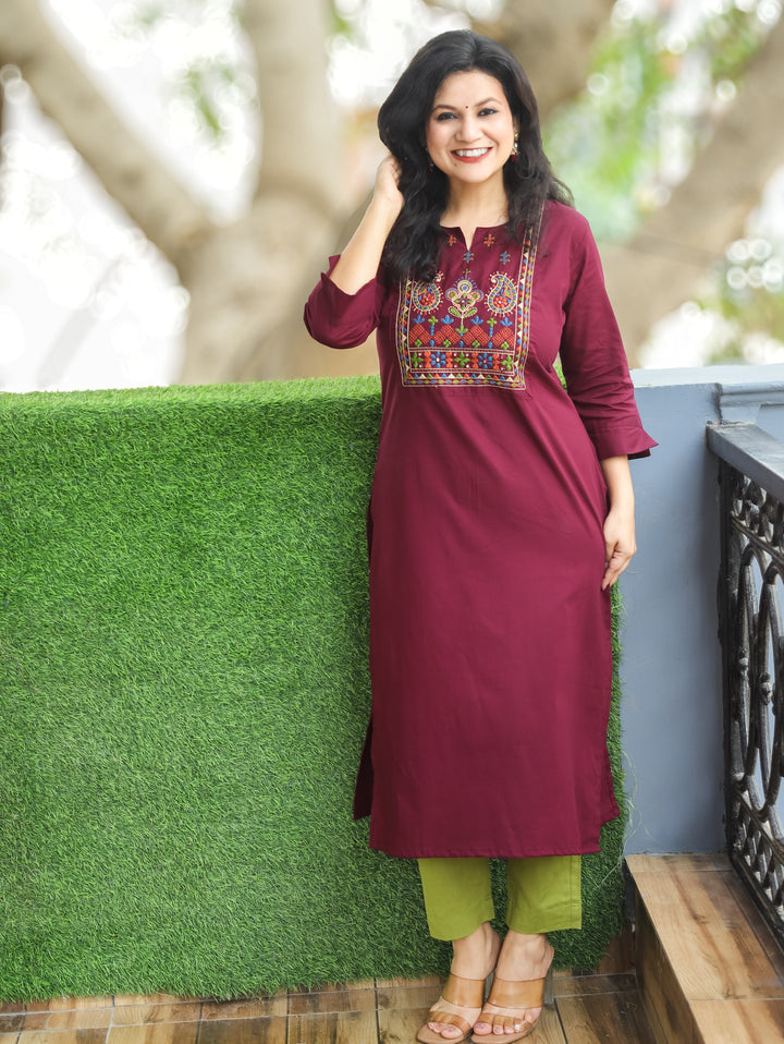 Hayat Wine Purple Emroidered Work Cotton Kurti