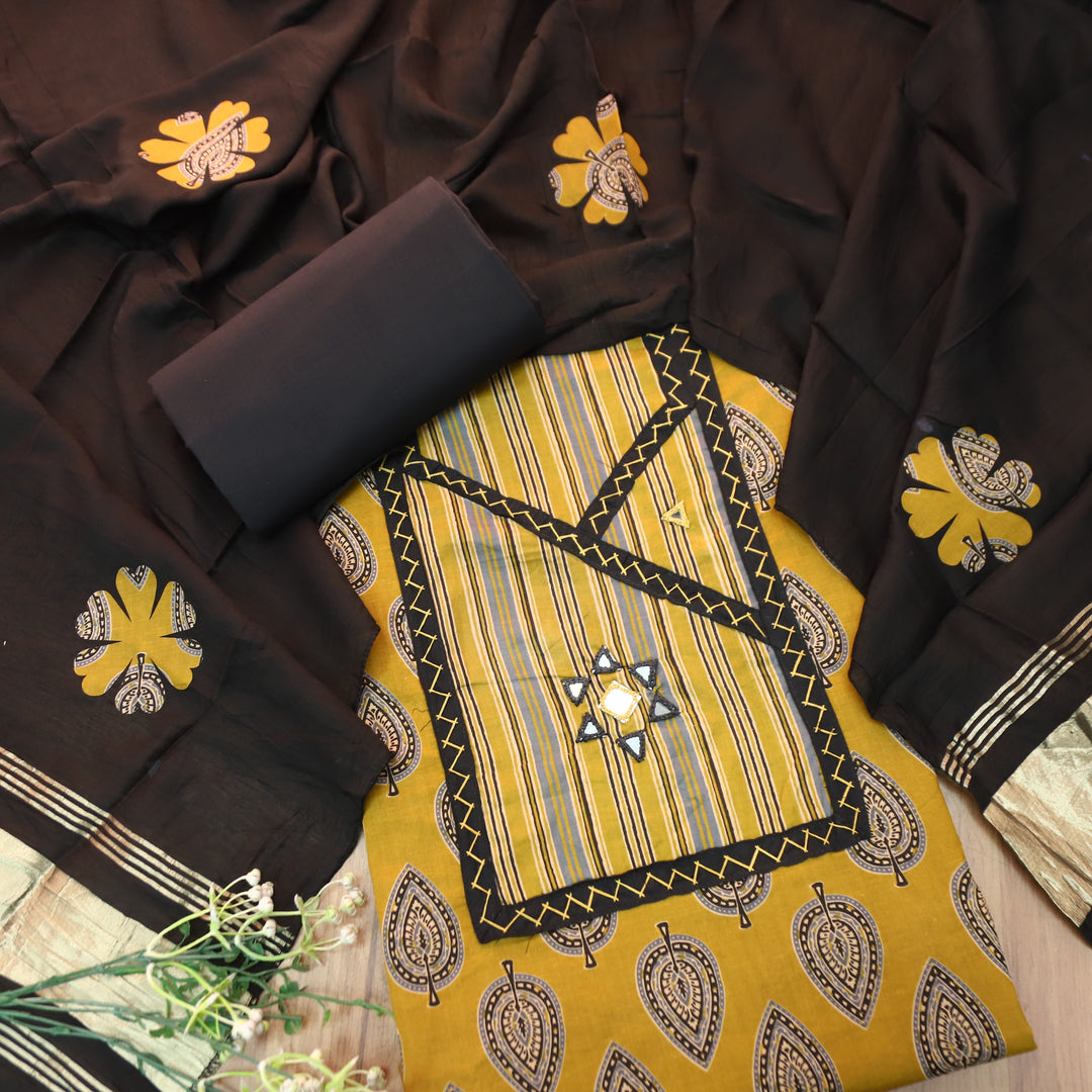 Falguni Dijon Yellow Angrakha Neck with Mirror Work Ajrakh Cotton Set