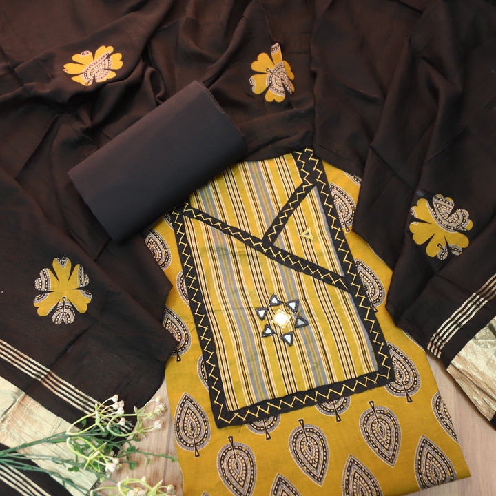 Falguni Dijon Yellow Angrakha Neck with Mirror Work Ajrakh Cotton Set