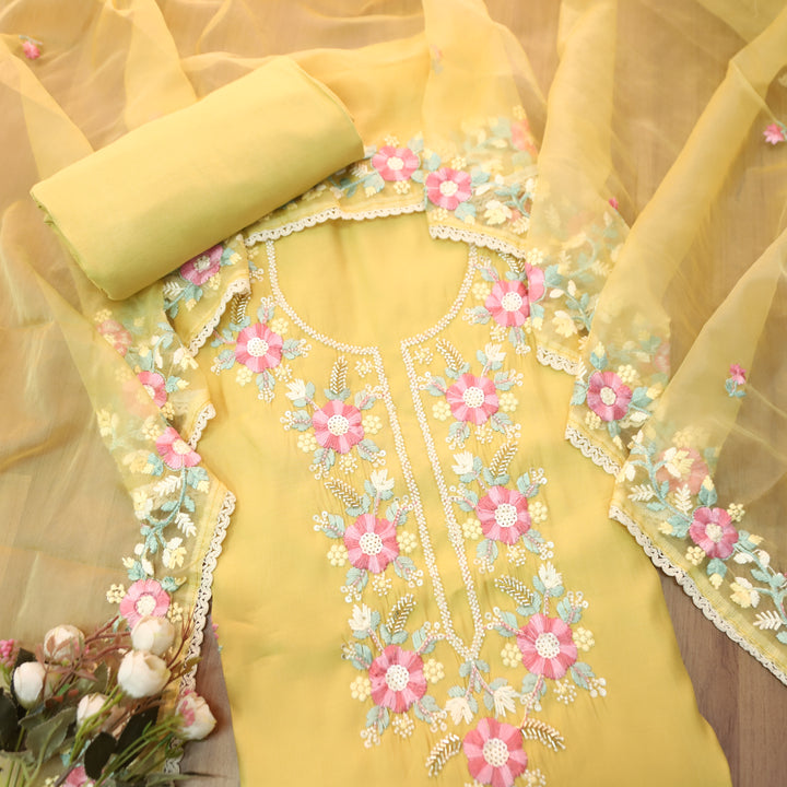 Rabbta Butter Yellow Thread Embroidered Neck with Kardana Work Modal Suit Set