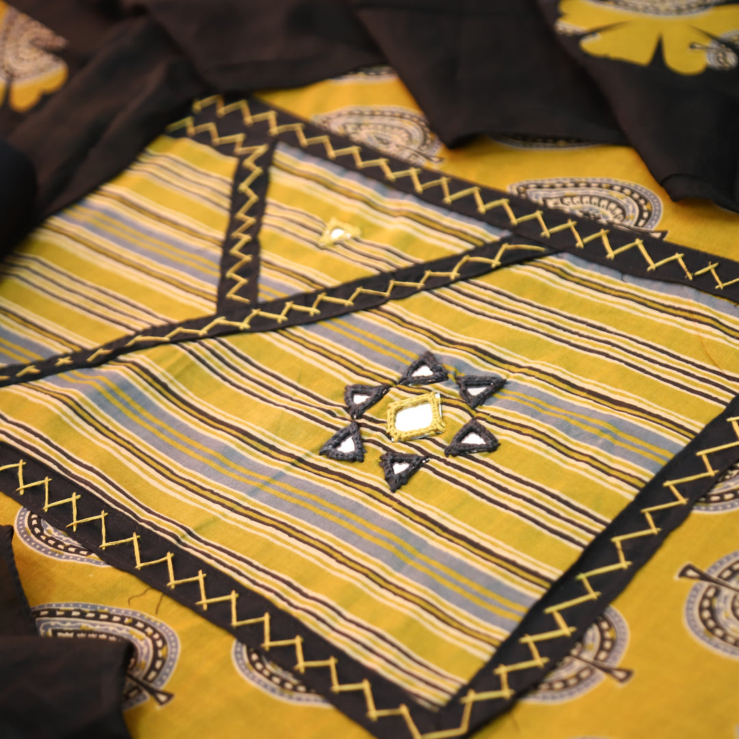 Falguni Dijon Yellow Angrakha Neck with Mirror Work Ajrakh Cotton Set