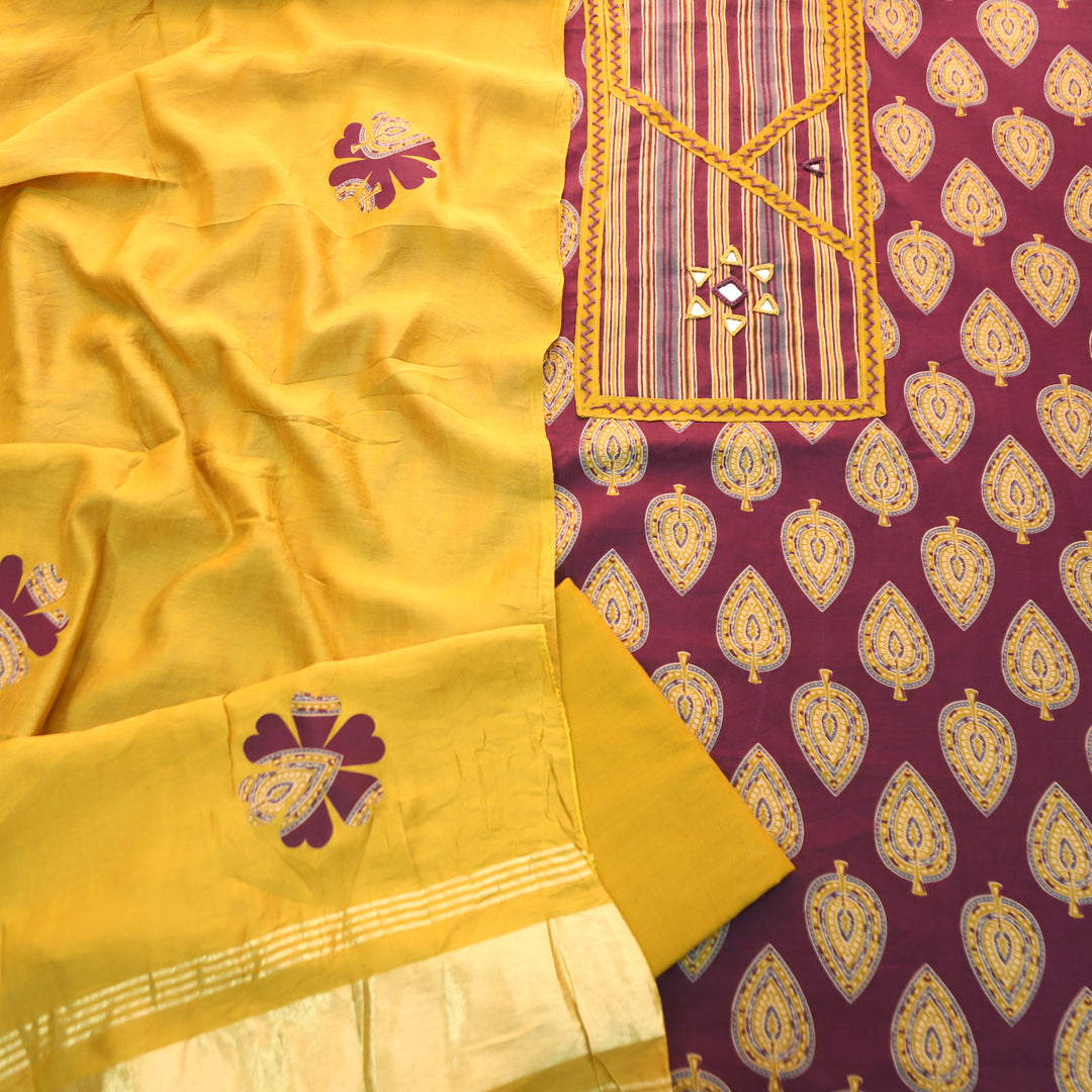 Falguni Wine Purple Angrakha Neck with Mirror Work Ajrakh Cotton Set