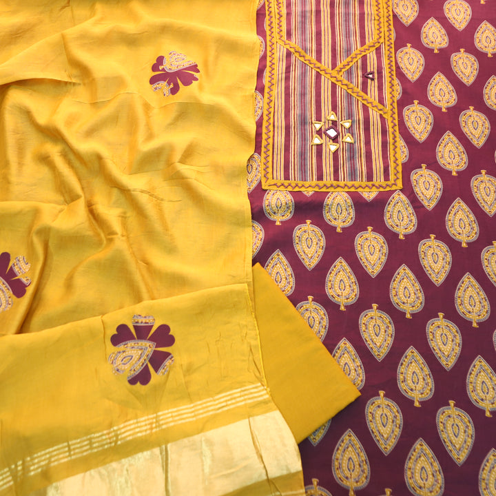 Falguni Wine Purple Angrakha Neck with Mirror Work Ajrakh Cotton Set