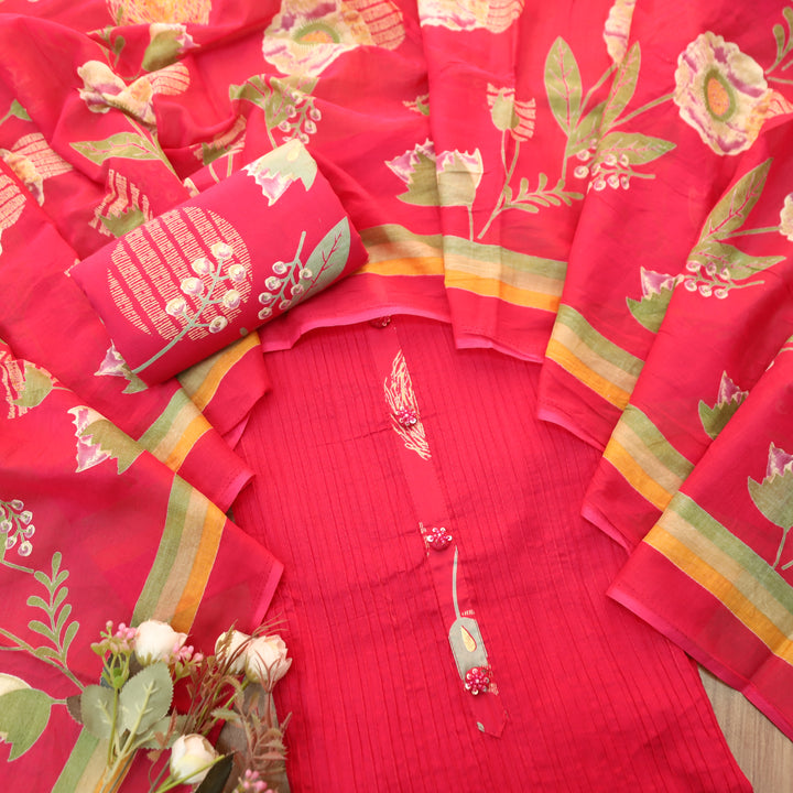 Aafeemi Rani Pink with Button Work Patch in Pintuck Work Cotton Suit Set